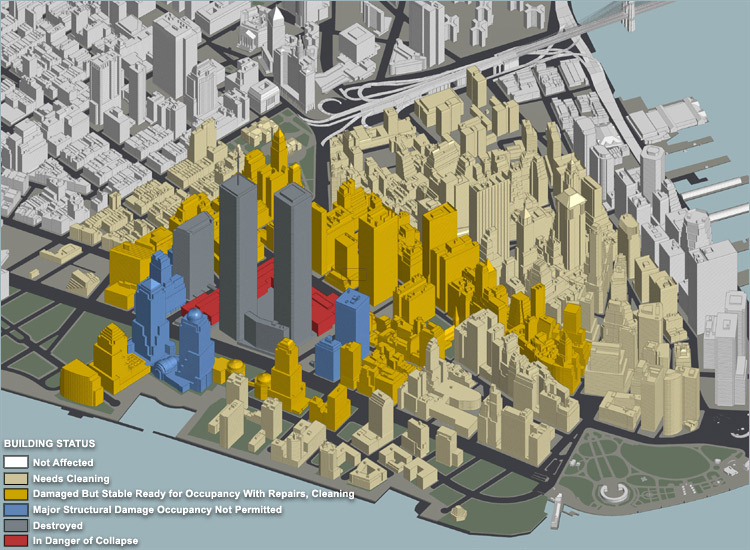 Axonometric survey map of Lower Manhattan colour-coding each building by damage status, from not affected through to destroyed.